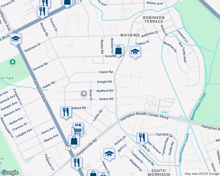 map of restaurants, bars, coffee shops, grocery stores, and more near 65 Bedford Road in Newport News