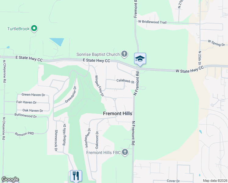 map of restaurants, bars, coffee shops, grocery stores, and more near 6001-6099 Copper Ridge St in Nixa