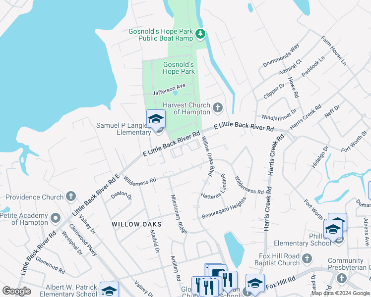 map of restaurants, bars, coffee shops, grocery stores, and more near 601 Willow Oaks Boulevard in Hampton