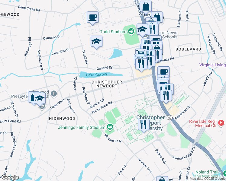 map of restaurants, bars, coffee shops, grocery stores, and more near 2 Fleming Circle in Newport News