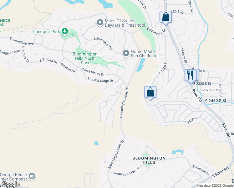 map of restaurants, bars, coffee shops, grocery stores, and more near 1140 East Fort Pierce Drive in St. George