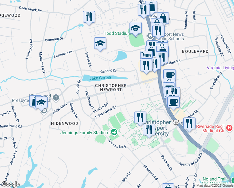 map of restaurants, bars, coffee shops, grocery stores, and more near 2 Fleming Circle in Newport News