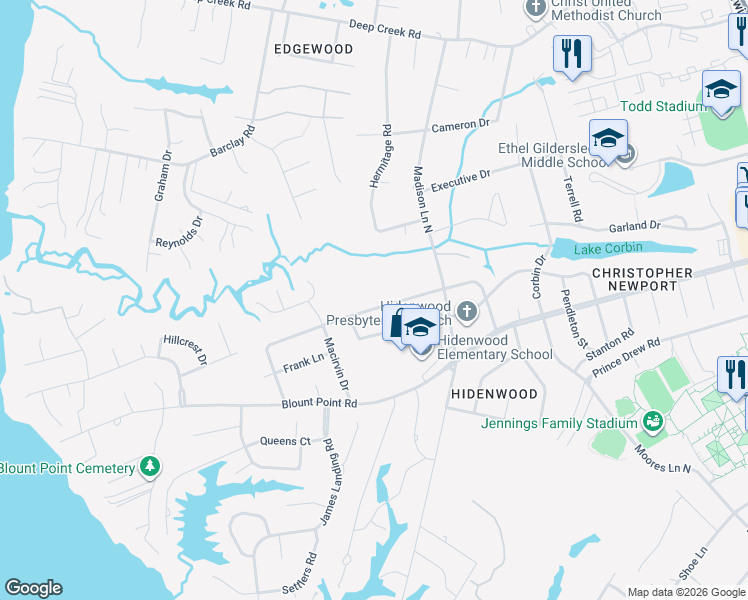 map of restaurants, bars, coffee shops, grocery stores, and more near 37 Madison Lane North in Newport News