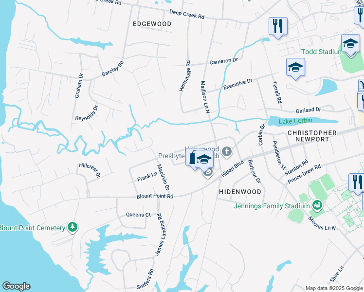 map of restaurants, bars, coffee shops, grocery stores, and more near 210 Crittenden Lane in Newport News
