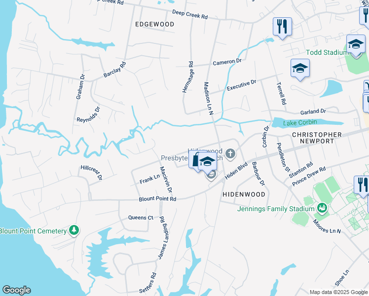map of restaurants, bars, coffee shops, grocery stores, and more near 210 Crittenden Lane in Newport News