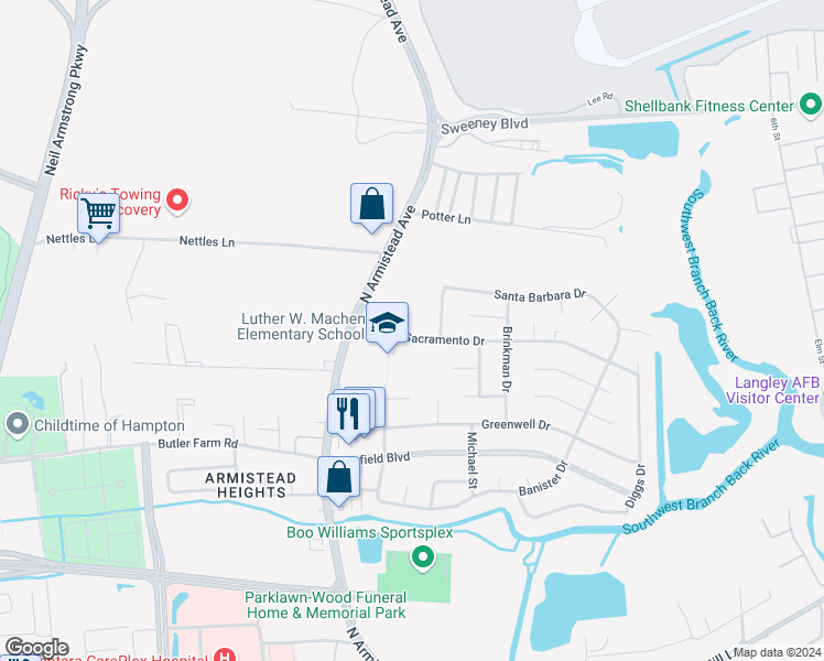 map of restaurants, bars, coffee shops, grocery stores, and more near 27 Sacramento Drive in Hampton