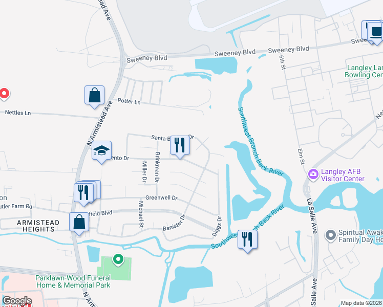 map of restaurants, bars, coffee shops, grocery stores, and more near 7 Stanford Court in Hampton