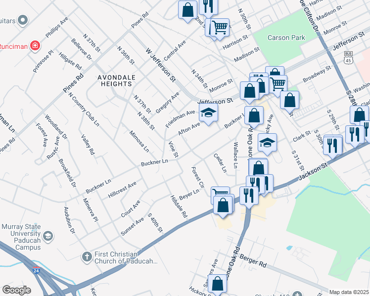 map of restaurants, bars, coffee shops, grocery stores, and more near 125 North Sycamore Drive in Paducah