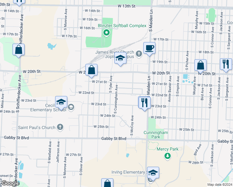 map of restaurants, bars, coffee shops, grocery stores, and more near 2199 South Cunningham Avenue in Joplin