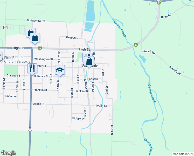 map of restaurants, bars, coffee shops, grocery stores, and more near 112-198 5th Street in Sarcoxie