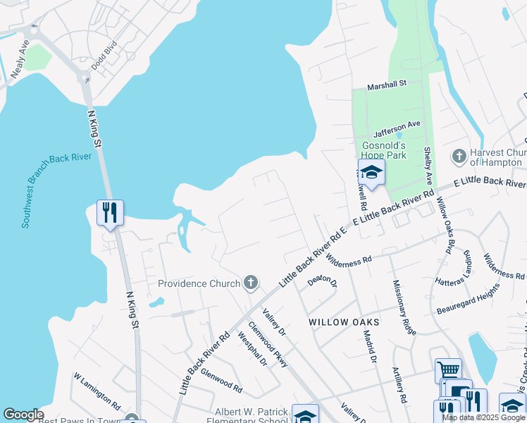 map of restaurants, bars, coffee shops, grocery stores, and more near 13 Poulas Court in Hampton