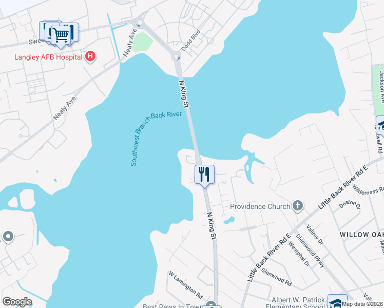map of restaurants, bars, coffee shops, grocery stores, and more near 51 Waters Edge Circle in Hampton