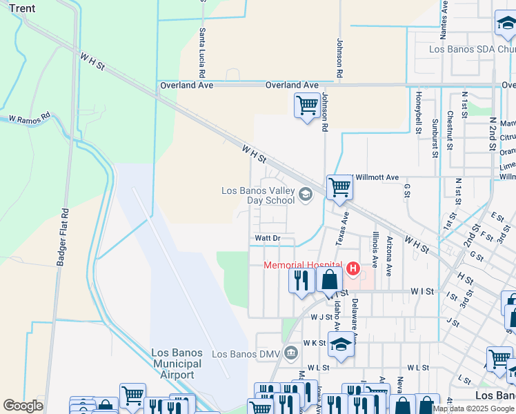map of restaurants, bars, coffee shops, grocery stores, and more near 625 Betten Street in Los Banos