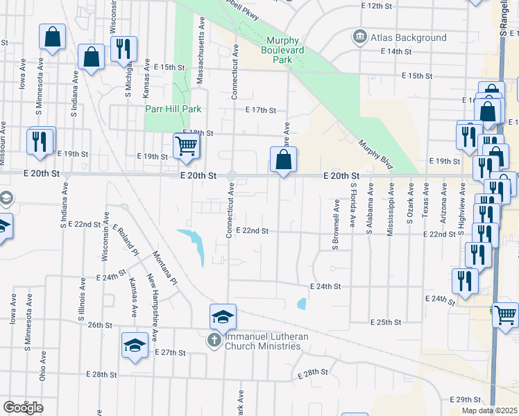map of restaurants, bars, coffee shops, grocery stores, and more near 2102 New Jersey Avenue in Joplin