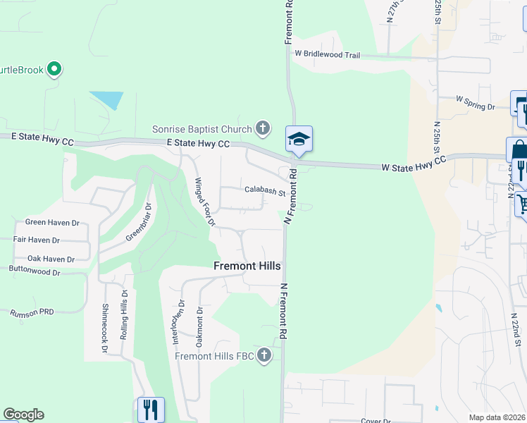 map of restaurants, bars, coffee shops, grocery stores, and more near N Sawgrass Ave in Nixa