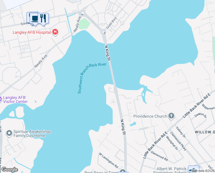 map of restaurants, bars, coffee shops, grocery stores, and more near 51 Waters Edge Circle in Hampton