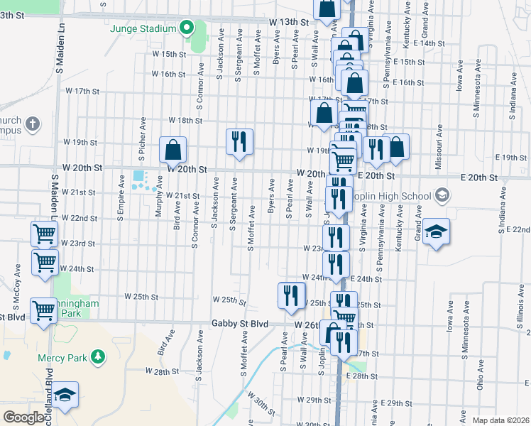 map of restaurants, bars, coffee shops, grocery stores, and more near 2109 South Moffet Avenue in Joplin