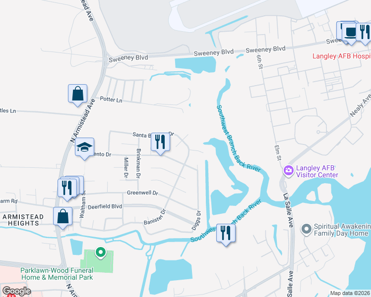 map of restaurants, bars, coffee shops, grocery stores, and more near 1 Tratman Court in Hampton