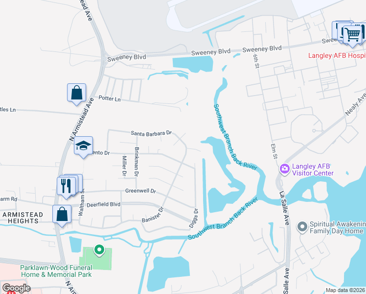 map of restaurants, bars, coffee shops, grocery stores, and more near 1 Tratman Court in Hampton