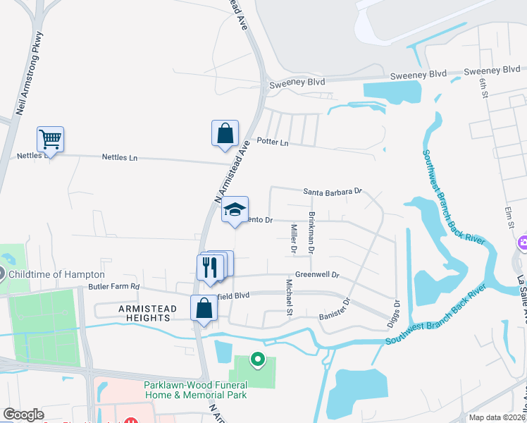 map of restaurants, bars, coffee shops, grocery stores, and more near 206 Swartmore Drive in Hampton