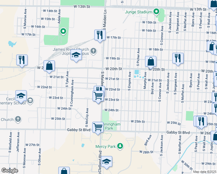 map of restaurants, bars, coffee shops, grocery stores, and more near 2101-2193 South Maiden Lane in Joplin
