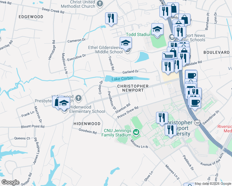 map of restaurants, bars, coffee shops, grocery stores, and more near 302 Woodroof Road in Newport News