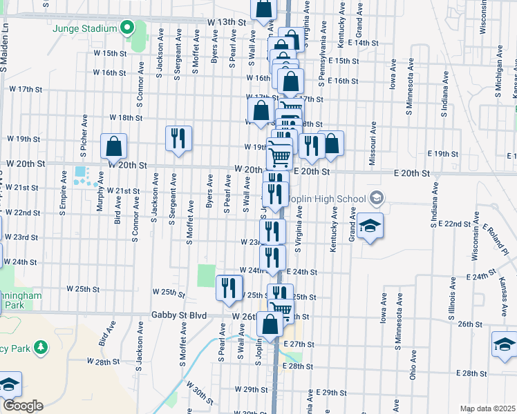 map of restaurants, bars, coffee shops, grocery stores, and more near 2105 South Joplin Avenue in Joplin