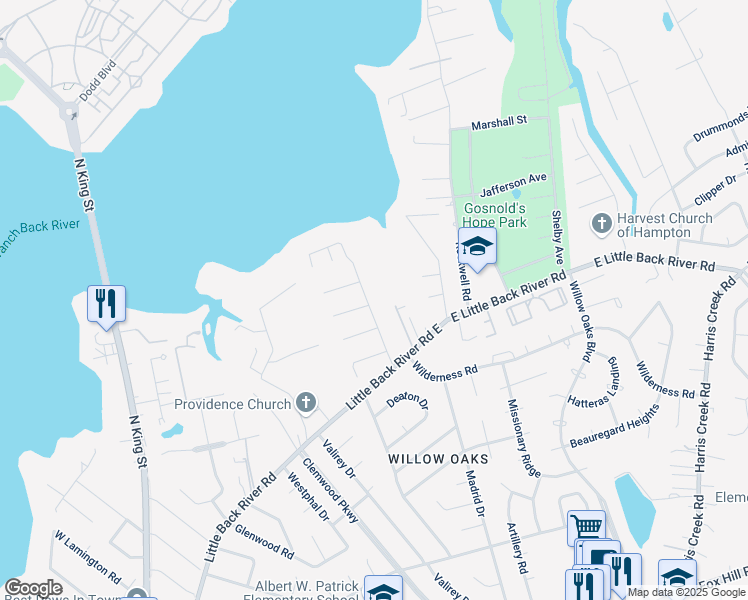map of restaurants, bars, coffee shops, grocery stores, and more near 22 Old Meribeth Road in Hampton