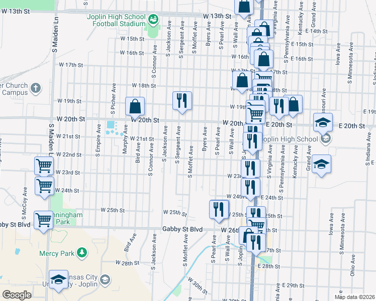 map of restaurants, bars, coffee shops, grocery stores, and more near 2109 South Moffet Avenue in Joplin