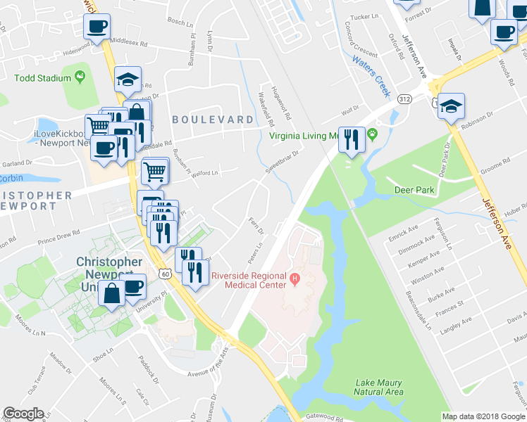 map of restaurants, bars, coffee shops, grocery stores, and more near 7 Larchmont Crescent in Newport News
