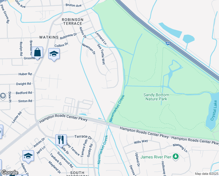 map of restaurants, bars, coffee shops, grocery stores, and more near 552 Leonard Lane in Newport News