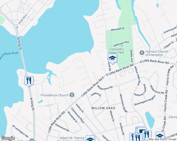 map of restaurants, bars, coffee shops, grocery stores, and more near 22 Old Meribeth Road in Hampton