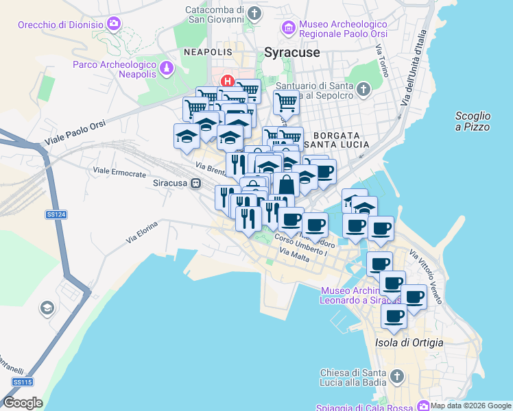 map of restaurants, bars, coffee shops, grocery stores, and more near Largo Nicola Calipari in Syracuse