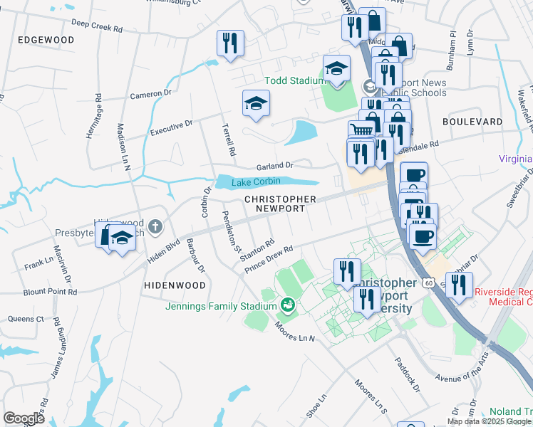 map of restaurants, bars, coffee shops, grocery stores, and more near Hiden Boulevard in Newport News