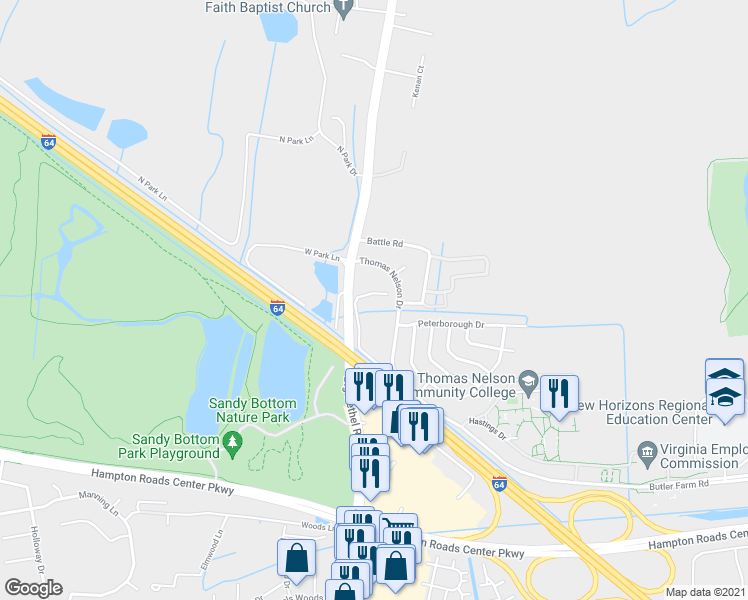 map of restaurants, bars, coffee shops, grocery stores, and more near 1282 Big Bethel Place in Hampton