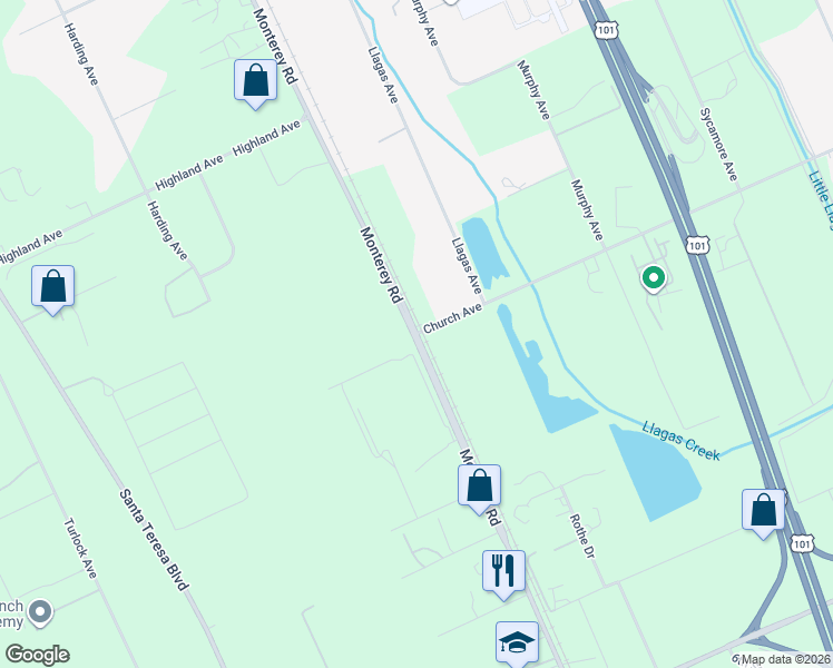 map of restaurants, bars, coffee shops, grocery stores, and more near 2 Church Avenue in Gilroy