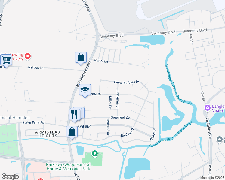 map of restaurants, bars, coffee shops, grocery stores, and more near 10 Pasadena Court in Hampton