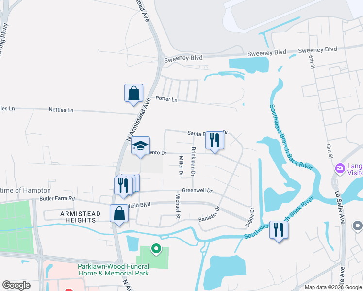 map of restaurants, bars, coffee shops, grocery stores, and more near 9 Pasadena Court in Hampton