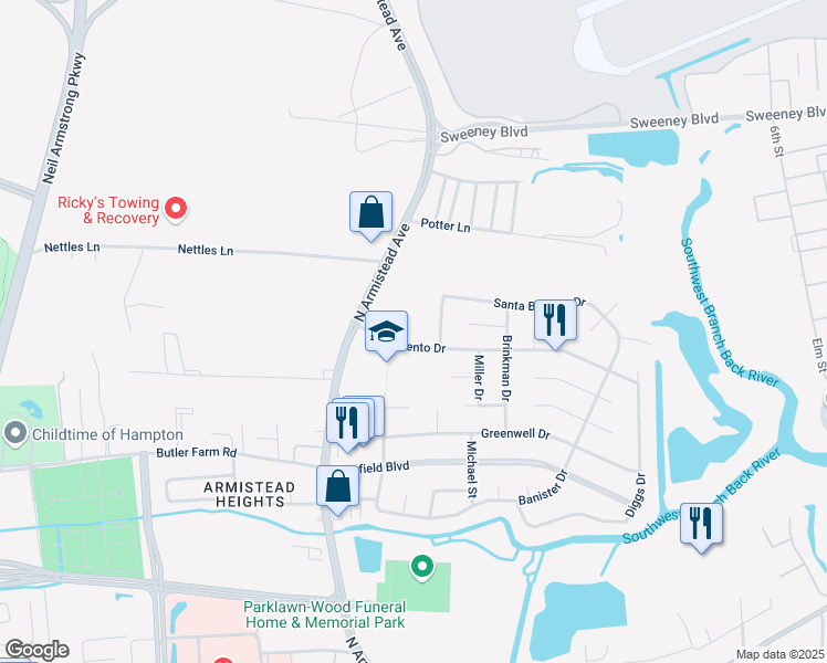map of restaurants, bars, coffee shops, grocery stores, and more near 27 Sacramento Drive in Hampton