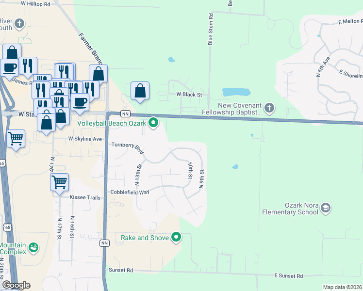 map of restaurants, bars, coffee shops, grocery stores, and more near 931 Turnberry Boulevard in Ozark