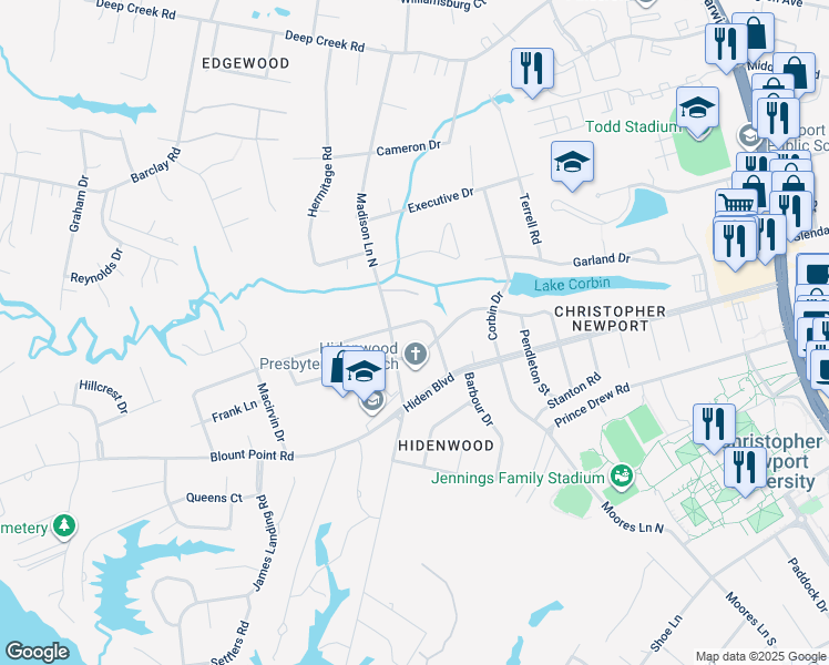 map of restaurants, bars, coffee shops, grocery stores, and more near 115 Crittenden Lane in Newport News