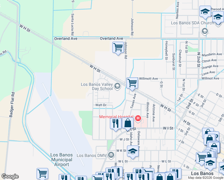 map of restaurants, bars, coffee shops, grocery stores, and more near 618 Machado Street in Los Banos