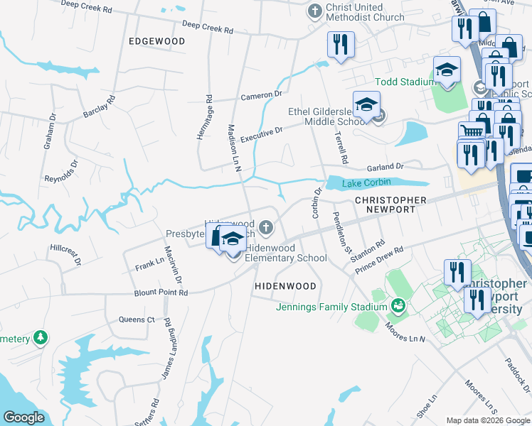 map of restaurants, bars, coffee shops, grocery stores, and more near 117 Crittenden Lane in Newport News
