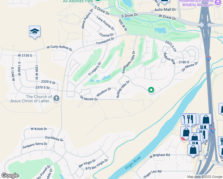 map of restaurants, bars, coffee shops, grocery stores, and more near 697 West Windsor Drive in St. George