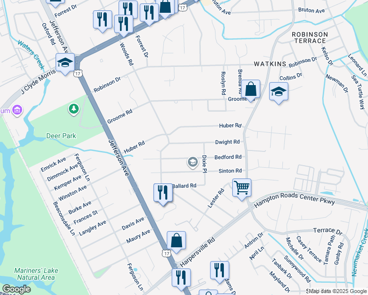 map of restaurants, bars, coffee shops, grocery stores, and more near 10 Dwight Road in Newport News
