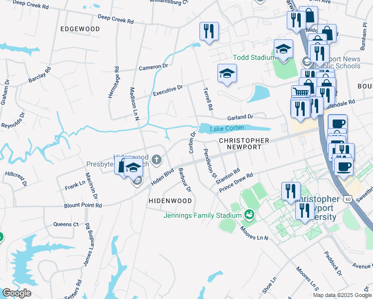 map of restaurants, bars, coffee shops, grocery stores, and more near 105 Corbin Drive in Newport News