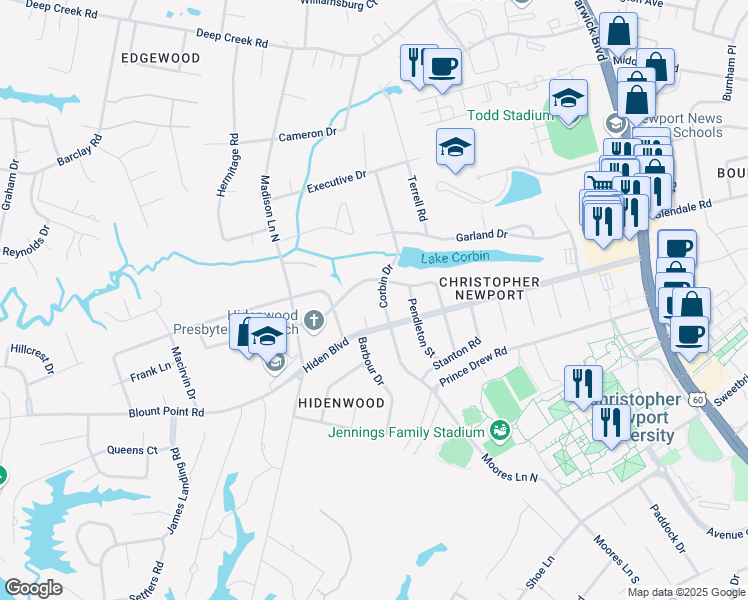 map of restaurants, bars, coffee shops, grocery stores, and more near 105 Corbin Drive in Newport News