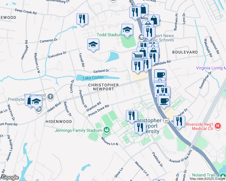 map of restaurants, bars, coffee shops, grocery stores, and more near 2 Fleming Circle in Newport News