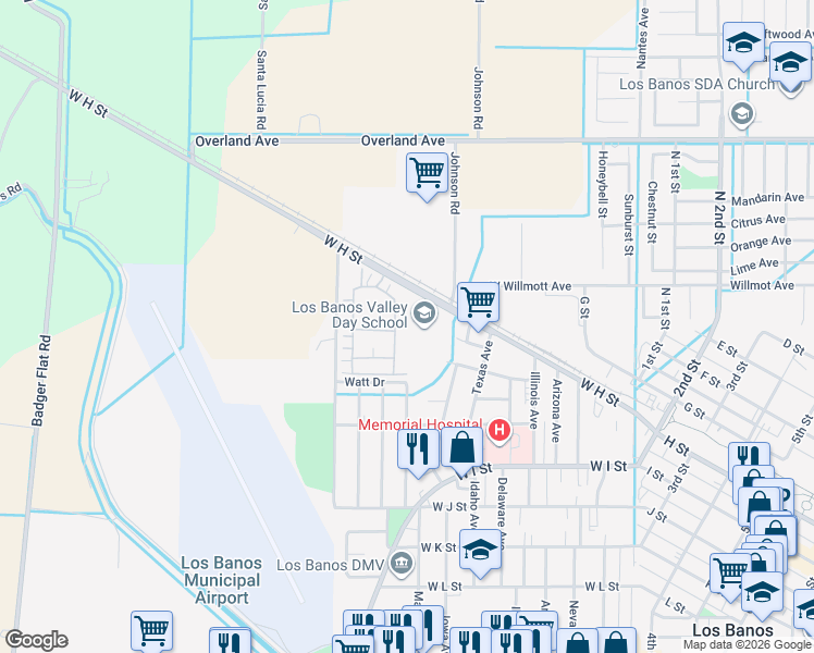 map of restaurants, bars, coffee shops, grocery stores, and more near 618 Machado Street in Los Banos