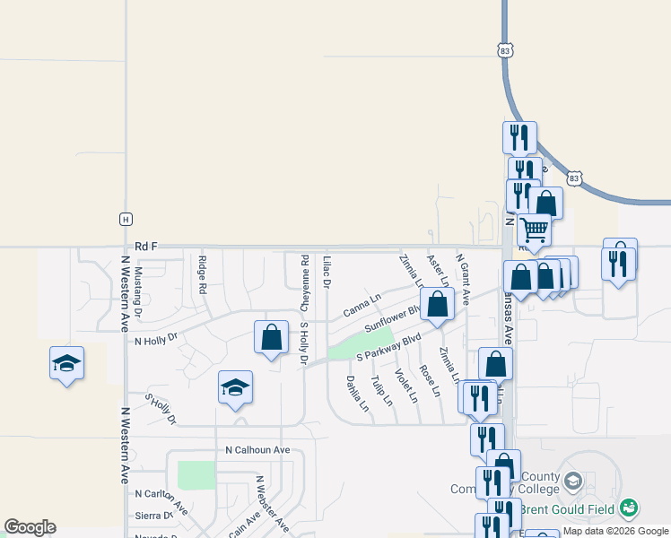 map of restaurants, bars, coffee shops, grocery stores, and more near 2511 Lilac Drive in Liberal